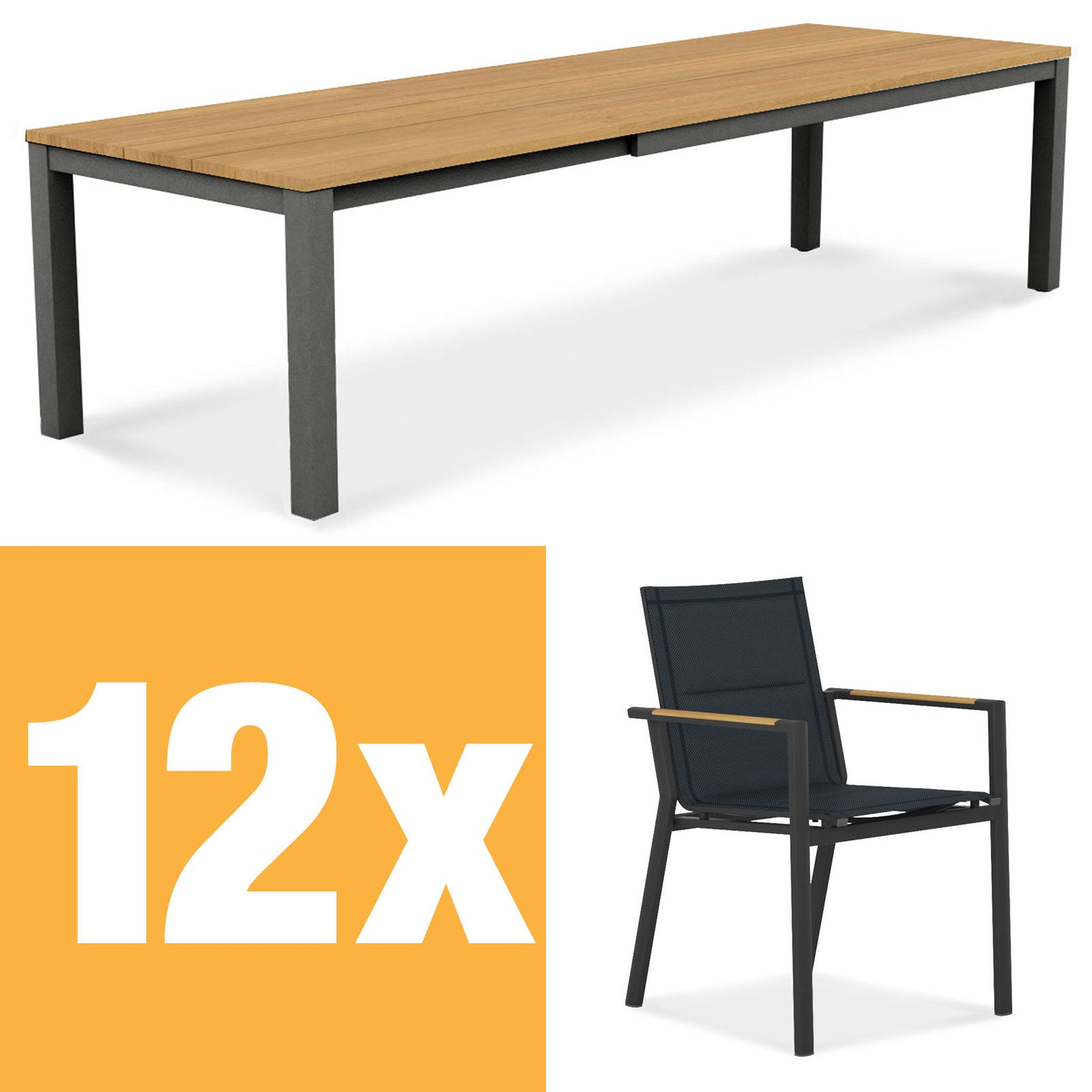 Planka aluminum front extending table 310 Set consisting of Planka aluminum front extending table 310/210 x 100 Teak Grade A brushed with aluminum frame and Gazelig stacking chairs made of aluminum and Batyline