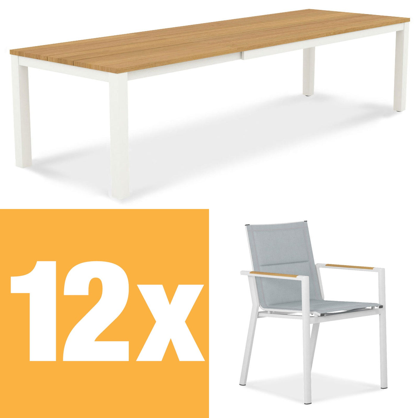 Planka aluminum front extending table 310 Set consisting of Planka aluminum front extending table 310/210 x 100 Teak Grade A brushed with aluminum frame and Gazelig stacking chairs made of aluminum and Batyline