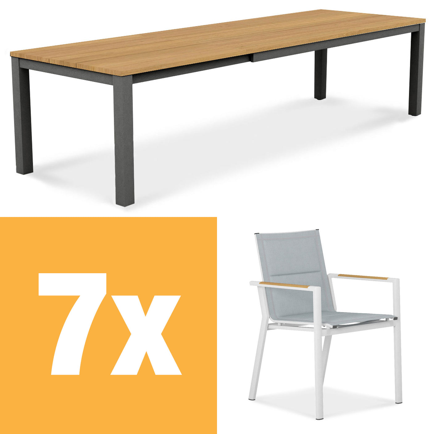 Planka aluminum front extending table 310 Set consisting of Planka aluminum front extending table 310/210 x 100 Teak Grade A brushed with aluminum frame and Gazelig stacking chairs made of aluminum and Batyline