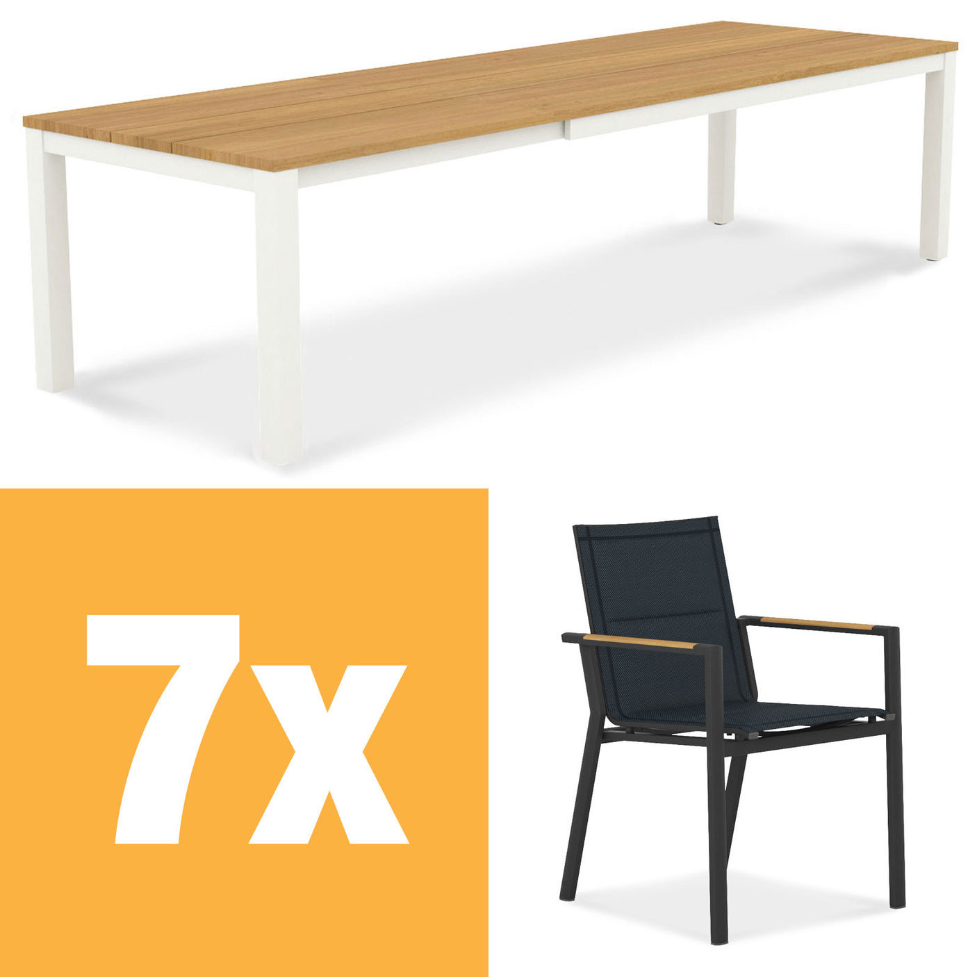 Planka aluminum front extending table 310 Set consisting of Planka aluminum front extending table 310/210 x 100 Teak Grade A brushed with aluminum frame and Gazelig stacking chairs made of aluminum and Batyline