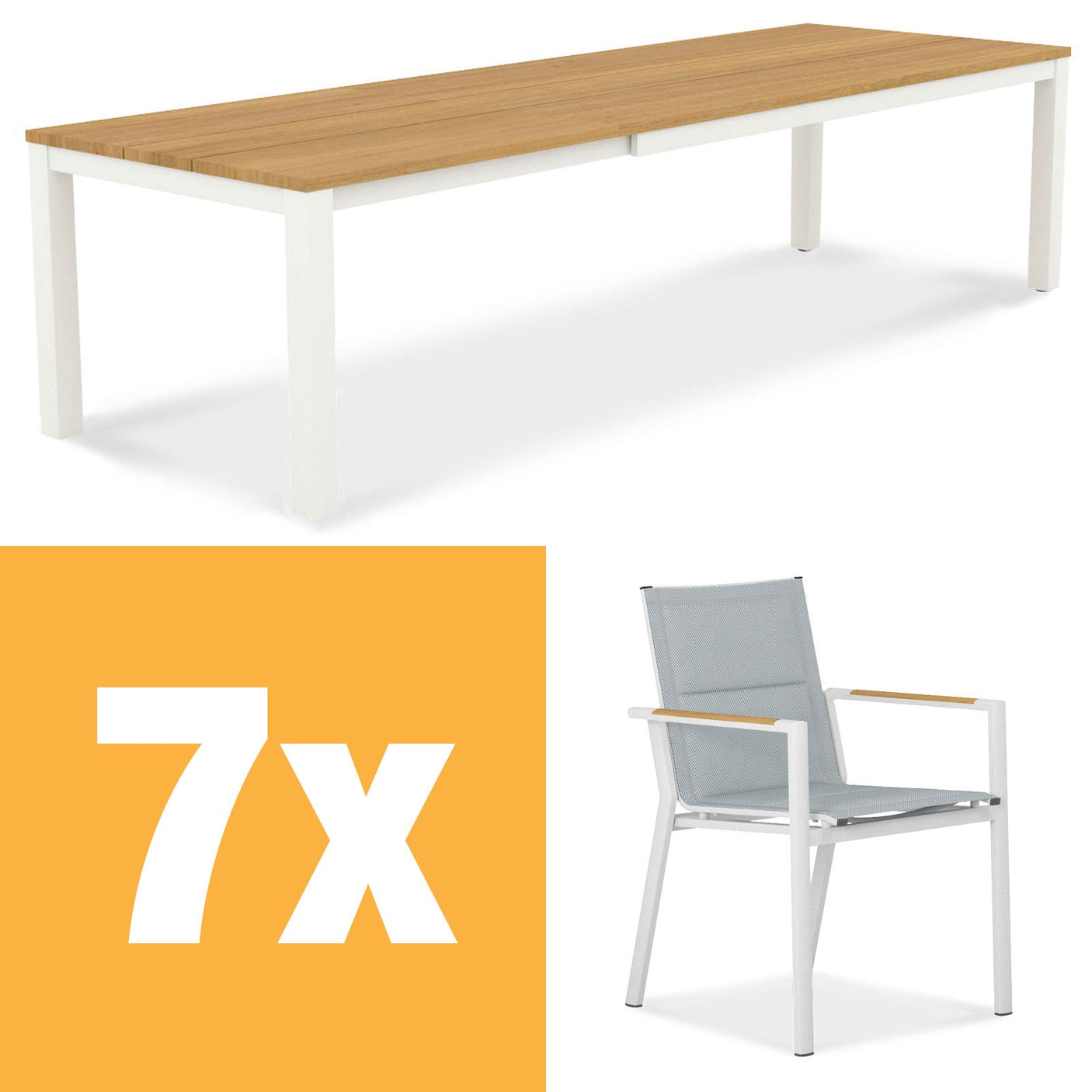 Planka aluminum front extending table 310 Set consisting of Planka aluminum front extending table 310/210 x 100 Teak Grade A brushed with aluminum frame and Gazelig stacking chairs made of aluminum and Batyline