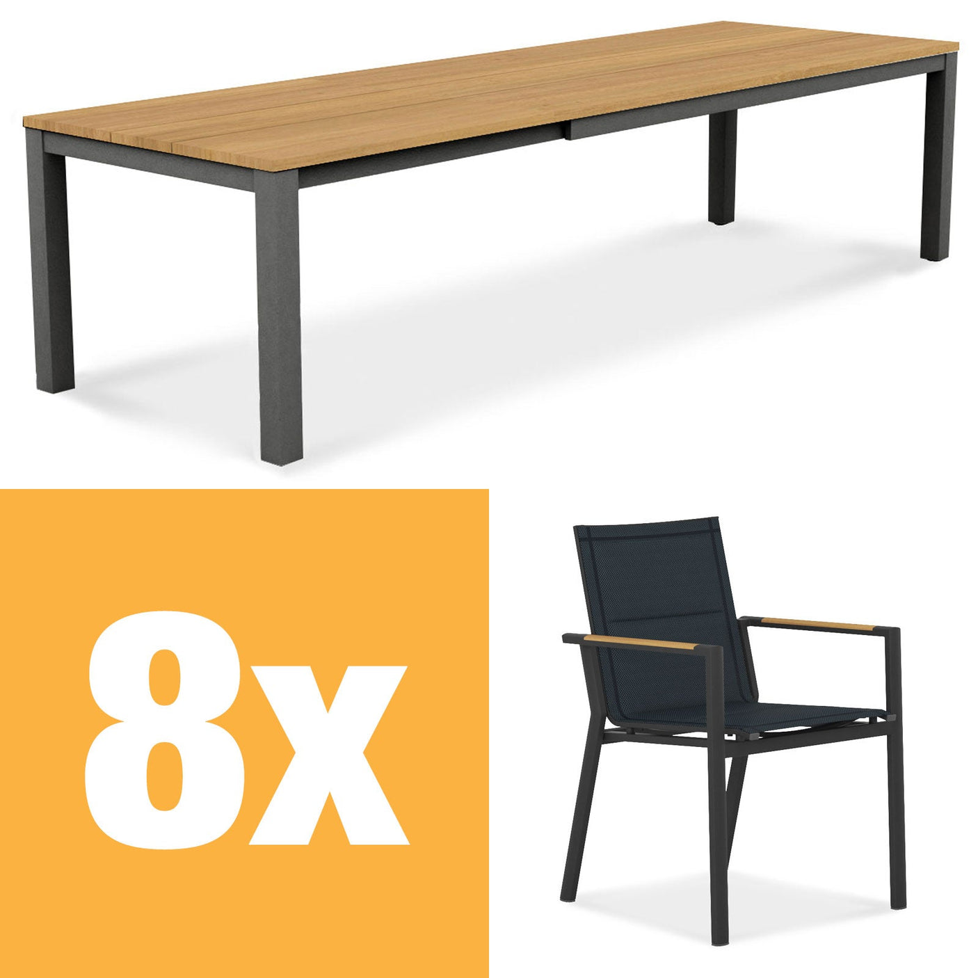 Planka aluminum front extending table 310 Set consisting of Planka aluminum front extending table 310/210 x 100 Teak Grade A brushed with aluminum frame and Gazelig stacking chairs made of aluminum and Batyline