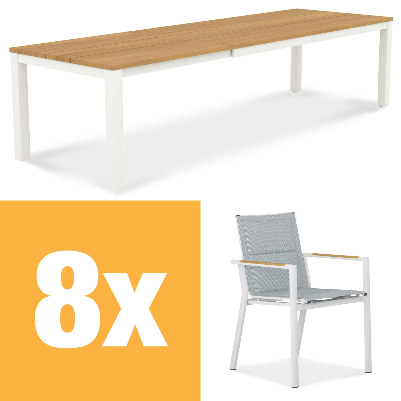 Planka aluminum front extending table 310 Set consisting of Planka aluminum front extending table 310/210 x 100 Teak Grade A brushed with aluminum frame and Gazelig stacking chairs made of aluminum and Batyline