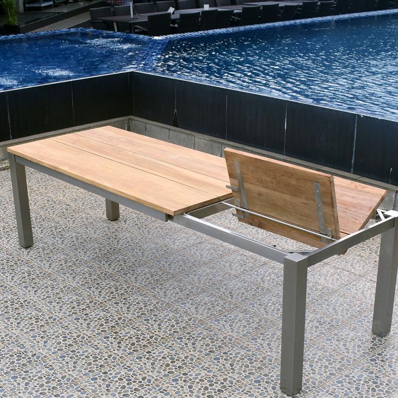 Planka front extending table 250/180 x 90 x 77 cm brushed teak grade A with stainless steel frame