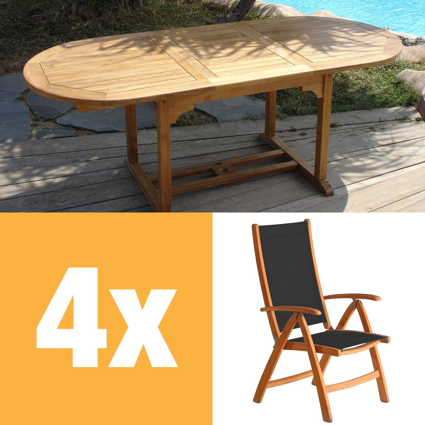 Rivera high-back set 240 consisting of Denver extending table 240/180 x 100 and Rivera high-back teak with Batyline and stainless steel fittings