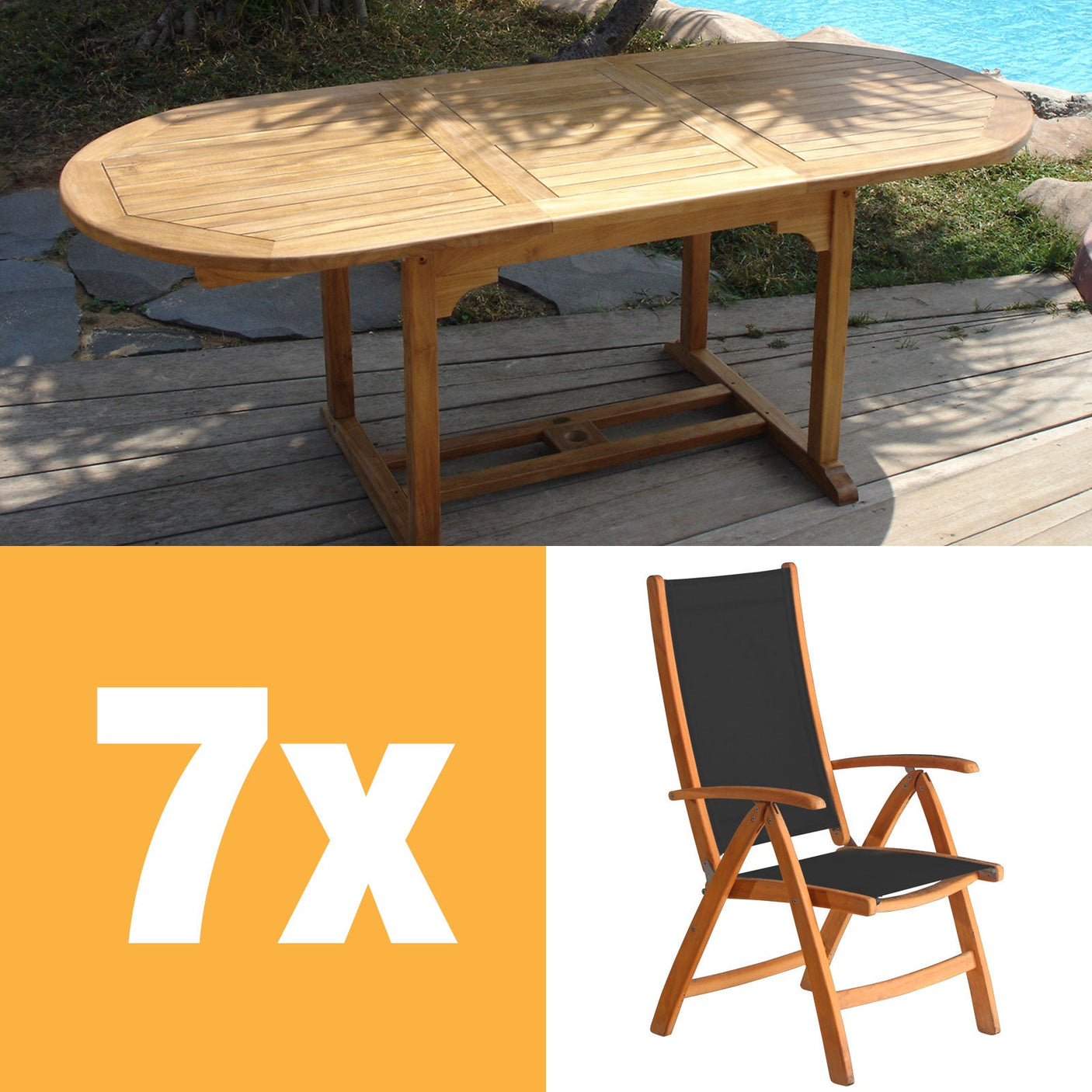 Rivera high-back set 240 consisting of Denver extending table 240/180 x 100 and Rivera high-back teak with Batyline and stainless steel fittings