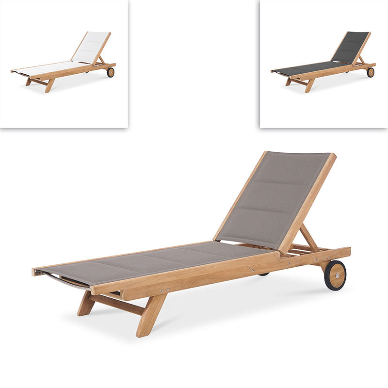 Rivera flat lounger DELUXE - upholstered - Teak GRADE A + Batyline + stainless steel fittings