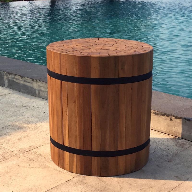 Teak pedestal round "small" made of recycled teak strips strapped with iron bands
