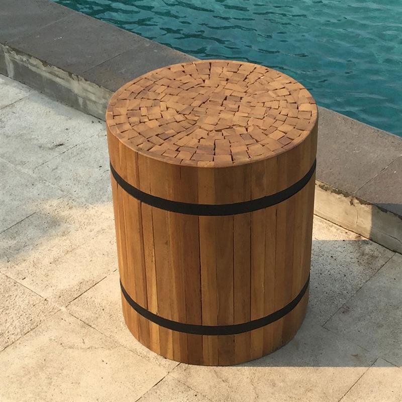 Teak pedestal round "small" made of recycled teak strips strapped with iron bands