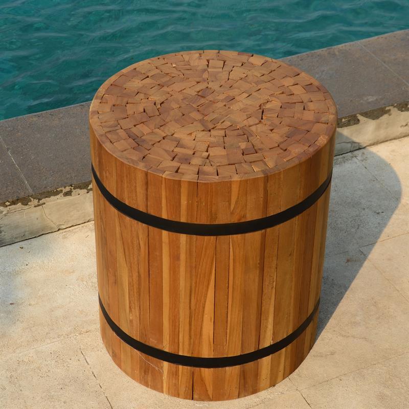 Teak pedestal round "small" made of recycled teak strips strapped with iron bands