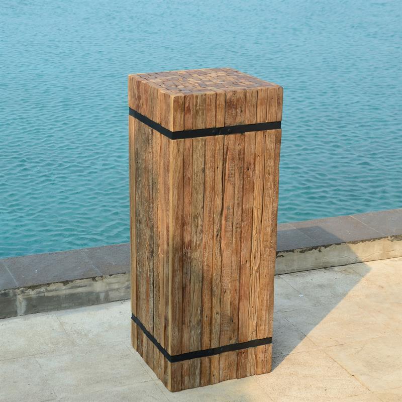 Teak pedestal square "large" made of recycled teak strips strapped with iron bands