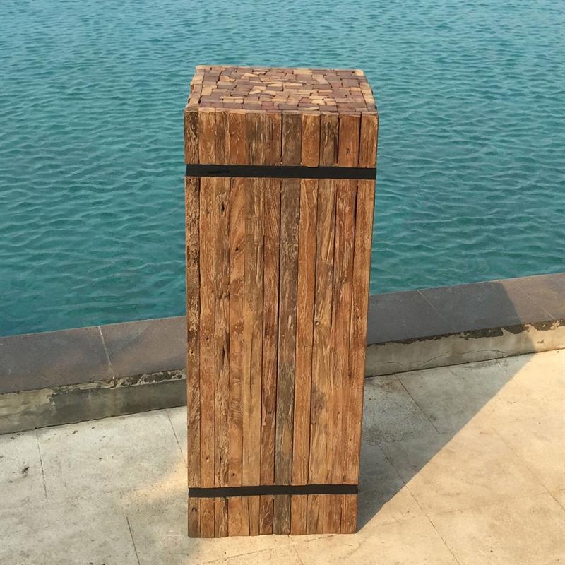 Teak pedestal square "large" made of recycled teak strips strapped with iron bands