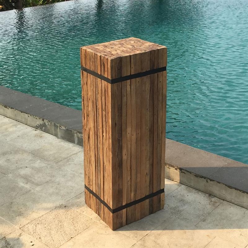 Teak pedestal square "large" made of recycled teak strips strapped with iron bands