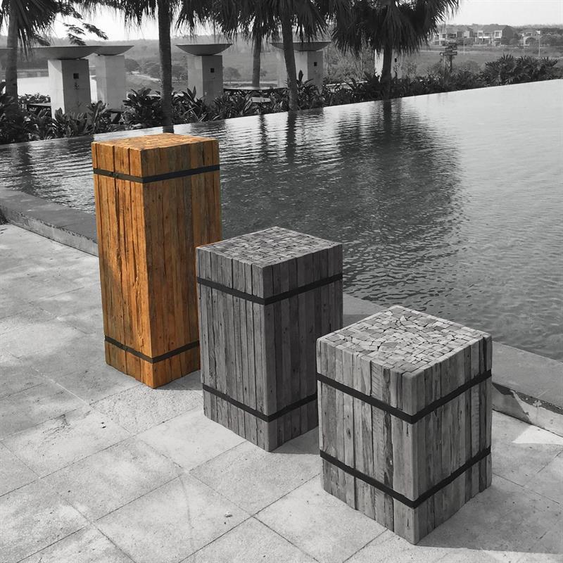 Teak pedestal square "large" made of recycled teak strips strapped with iron bands