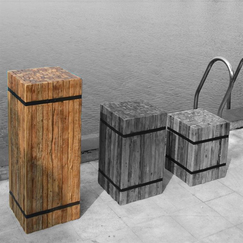 Teak pedestal square "large" made of recycled teak strips strapped with iron bands