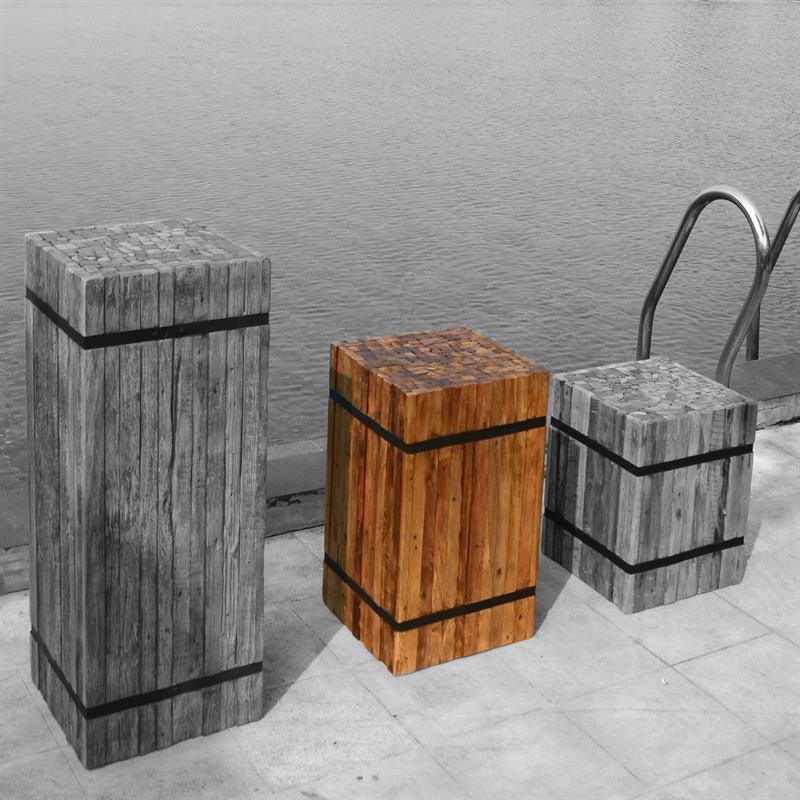 Teak pedestal square "medium" made of recycled teak strips strapped with iron bands