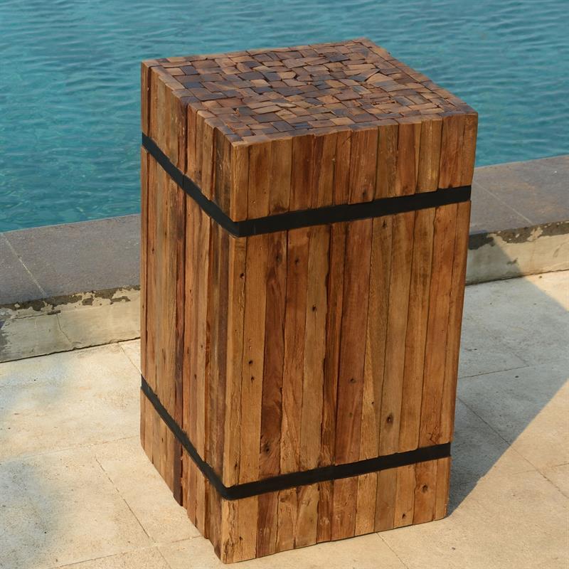 Teak pedestal square "medium" made of recycled teak strips strapped with iron bands