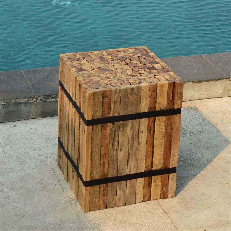Teak pedestal square "small" made of recycled teak strips strapped with iron bands
