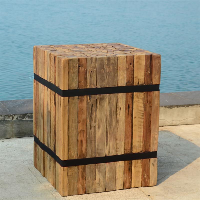 Teak pedestal square "small" made of recycled teak strips strapped with iron bands