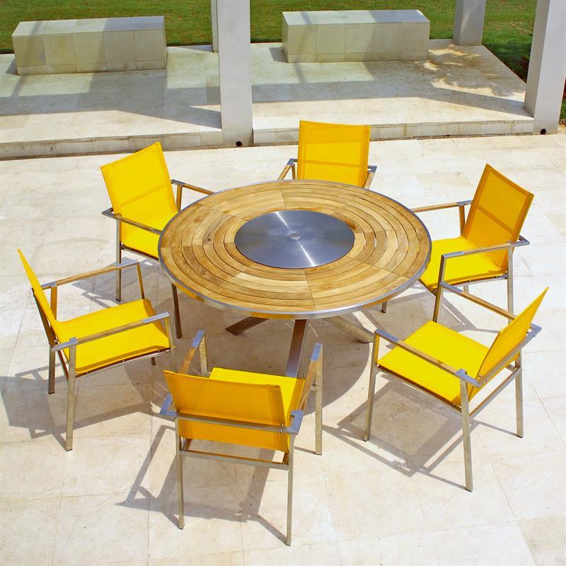 Table Signature ronde 137 cm en teck avec plateau rotatif en acier inoxydable