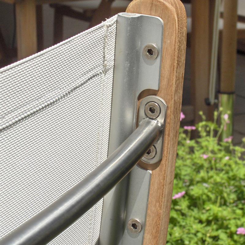 Rivera high-back set 240 consisting of Denver extending table 240/180 x 100 and Rivera high-back teak with Batyline and stainless steel fittings