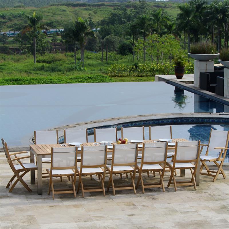 Rivera folding chair with armrests - Teak GRADE A + Batyline + stainless steel fittings