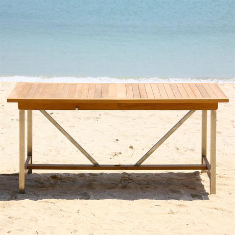 Moselle extendable table set 220 consisting of Moselle extendable table 220/160 x 100 and Moselle stacking chairs made of teak with stainless steel