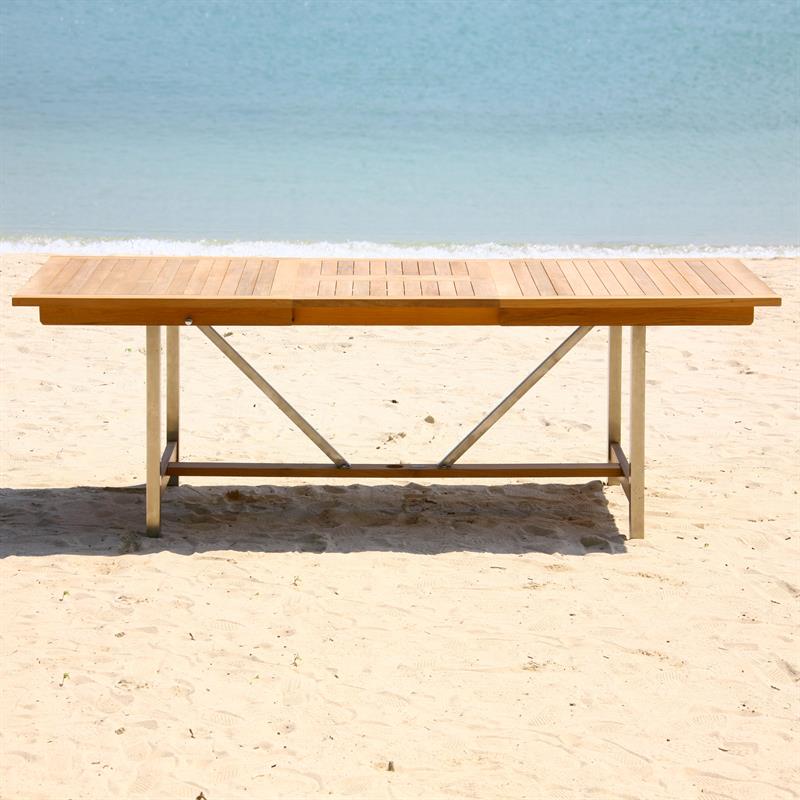 Moselle extendable table set 220 consisting of Moselle extendable table 220/160 x 100 and Moselle stacking chairs made of teak with stainless steel