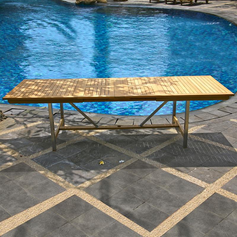 Moselle extendable table set 280 consisting of Moselle double extendable table 280/235/190x100 and Moselle stackable chairs made of teak with stainless steel