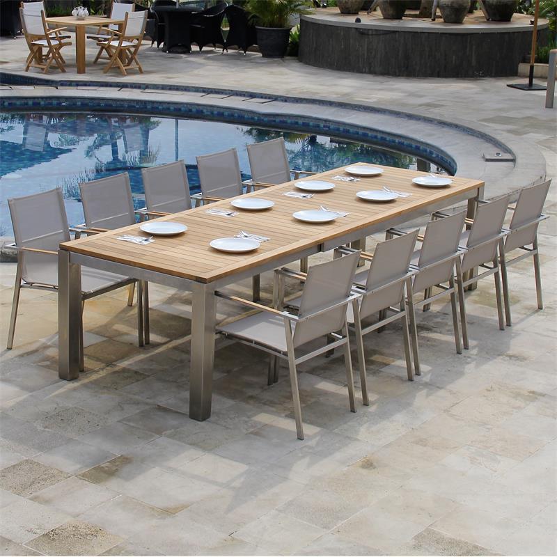 Alzette front extending table set 310 consisting of Florence front extending table 310/210 x 100 teak with stainless steel frame and Alzette stacking chairs stainless steel with Batyline covering