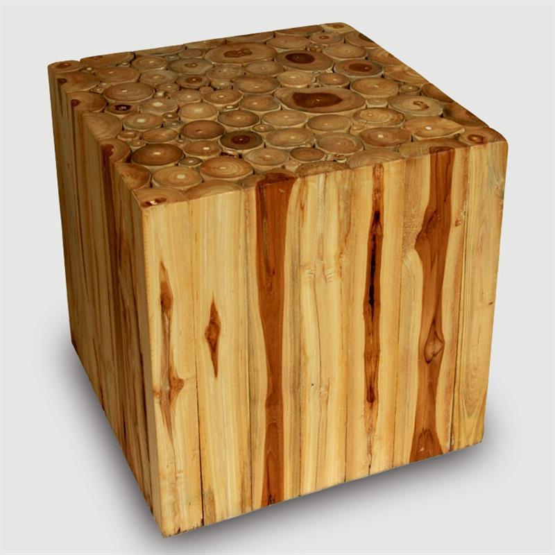 Tabouret en teck « Cube » en bois rond