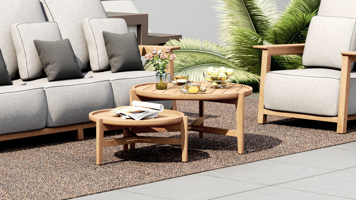 Aspen Sofatisch niedrig und rund 60 cm zertifiziertes Plantagenteakholz Grade A