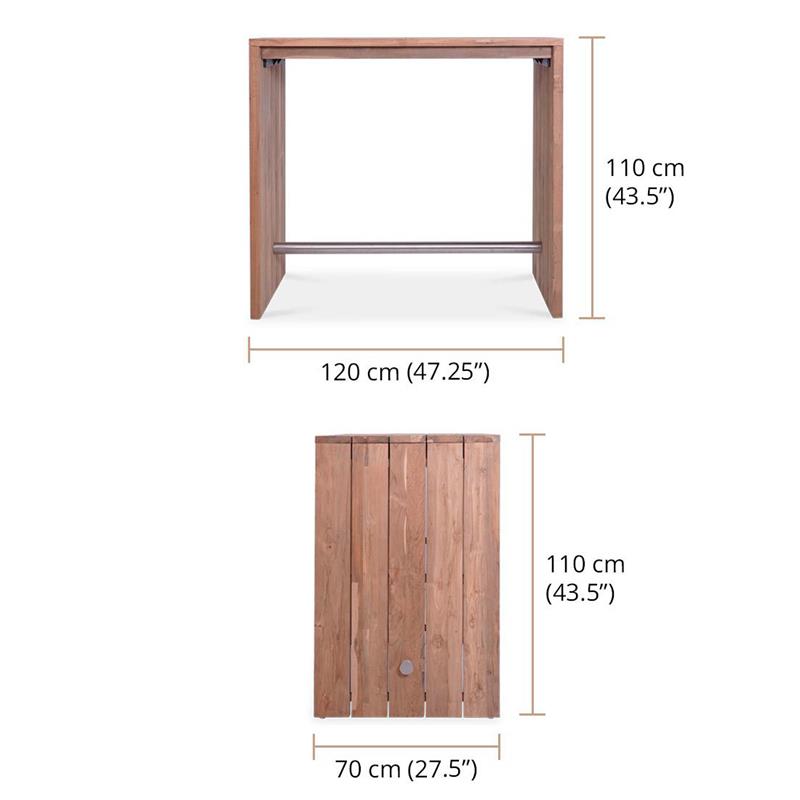 Clio bar table recycled teak brushed and stainless steel