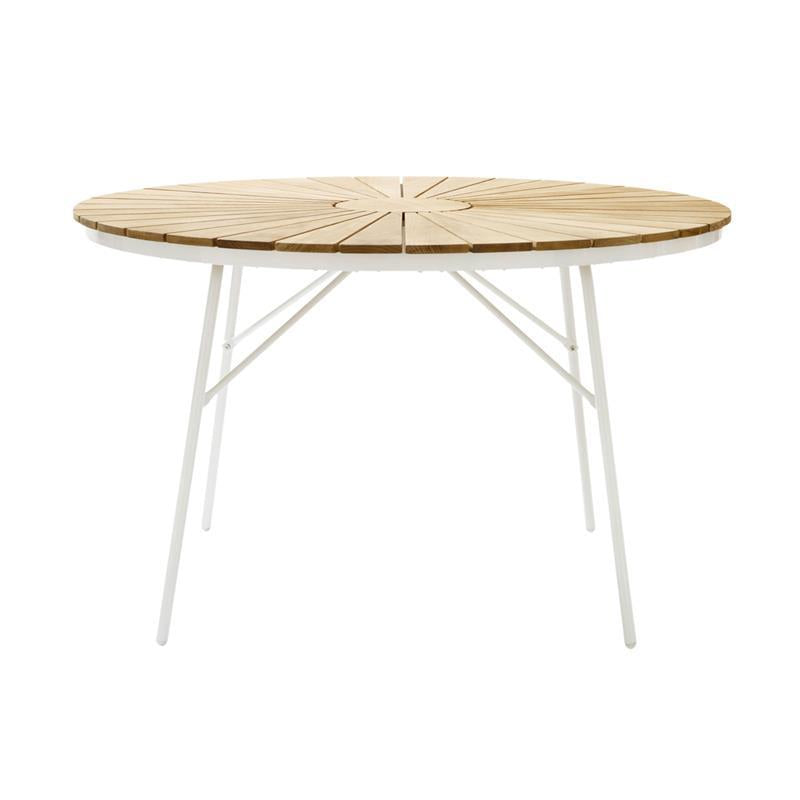 Table Ellen ronde 110 cm en aluminium blanc thermolaqué avec plateau en teck