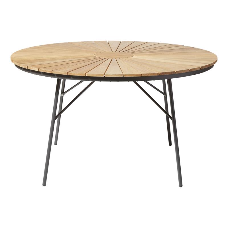 Table Ellen 130 cm ronde en aluminium anthracite thermolaqué avec plateau en teck