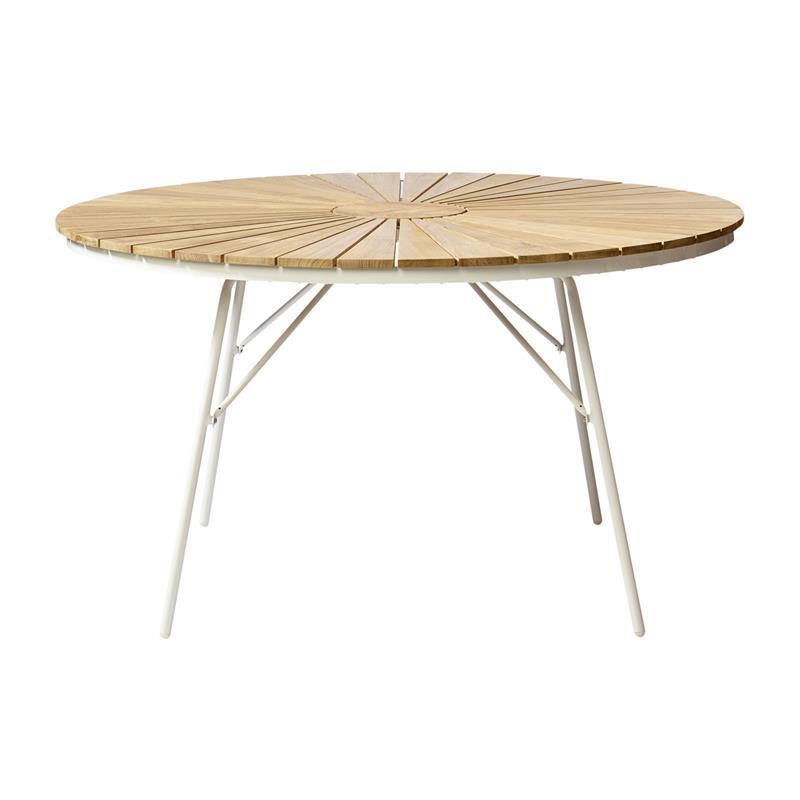 Table Ellen ronde 130 cm en aluminium blanc thermolaqué avec plateau en teck