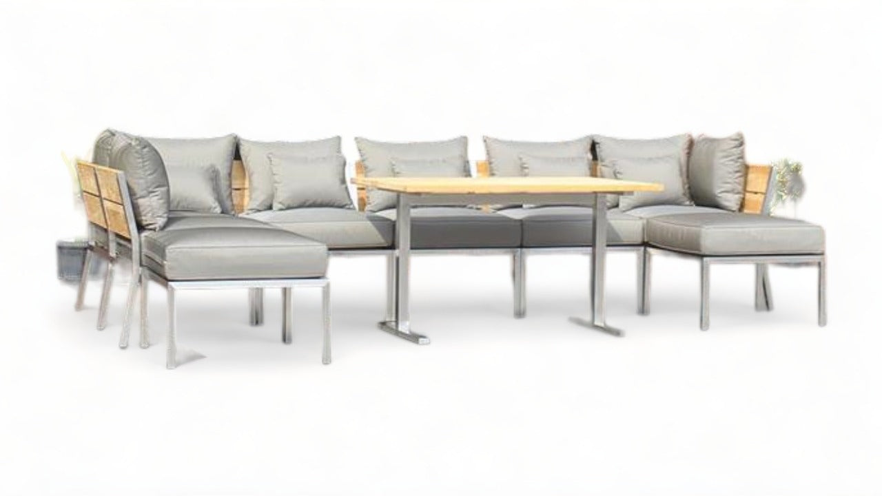 Makan Dining Lounge Set bestehend aus: 1 x Planka Dining Lounge Tisch 120 x 80 cm, 3 x Makan Lounge Eckmodul, 2 x Makan Lounge Mittelmodul inkl. Sitzpolster und Rückenkissen in Sunproof