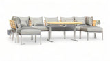 Makan Dining Lounge Set bestehend aus: 1 x Planka Dining Lounge Tisch 120 x 80 cm, 3 x Makan Lounge Eckmodul, 2 x Makan Lounge Mittelmodul inkl. Sitzpolster und Rückenkissen in Sunproof