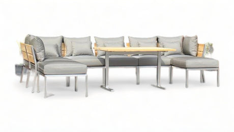 Makan Dining Lounge Set bestehend aus: 1 x Planka Dining Lounge Tisch 120 x 80 cm, 3 x Makan Lounge Eckmodul, 2 x Makan Lounge Mittelmodul inkl. Sitzpolster und Rückenkissen in Sunproof