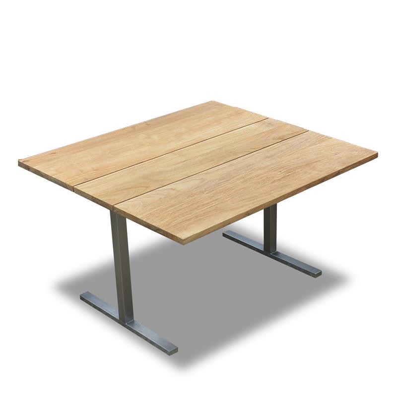 Table de salle à manger Planka 120 x 120 x 69 cm en teck brossé de qualité A avec cadre en acier inoxydable