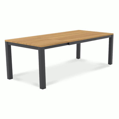 Planka Alu-Frontausziehtisch 310 Set bestehend aus Planka Alu-Frontausziehtisch 310/210 x 100 Teak Grade A gebürstet mit Aluminiumgestell und Gazelig Stapelstühlen aus Aluminium und Batyline