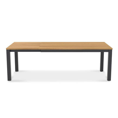 Planka Alu-Frontausziehtisch 310 Set bestehend aus Planka Alu-Frontausziehtisch 310/210 x 100 Teak Grade A gebürstet mit Aluminiumgestell und Gazelig Stapelstühlen aus Aluminium und Batyline