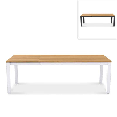 Planka Alu-Frontausziehtisch 310 Set bestehend aus Planka Alu-Frontausziehtisch 310/210 x 100 Teak Grade A gebürstet mit Aluminiumgestell und Gazelig Stapelstühlen aus Aluminium und Batyline