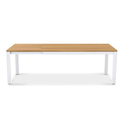 Planka Alu-Frontausziehtisch 310 Set bestehend aus Planka Alu-Frontausziehtisch 310/210 x 100 Teak Grade A gebürstet mit Aluminiumgestell und Gazelig Stapelstühlen aus Aluminium und Batyline