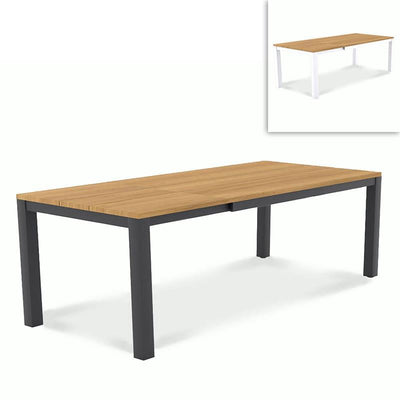 Planka Alu-Frontausziehtisch 310 Set bestehend aus Planka Alu-Frontausziehtisch 310/210 x 100 Teak Grade A gebürstet mit Aluminiumgestell und Gazelig Stapelstühlen aus Aluminium und Batyline
