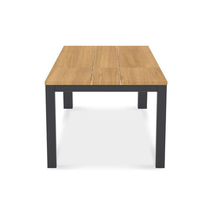 Planka Alu-Frontausziehtisch 310 Set bestehend aus Planka Alu-Frontausziehtisch 310/210 x 100 Teak Grade A gebürstet mit Aluminiumgestell und Gazelig Stapelstühlen aus Aluminium und Batyline