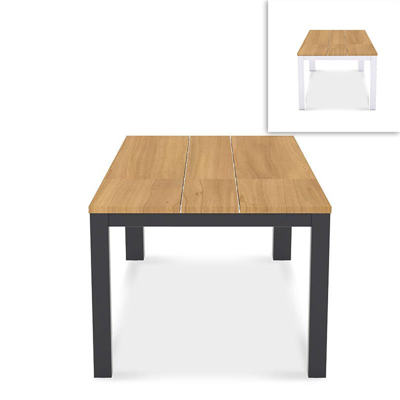 Planka Alu-Frontausziehtisch 310 Set bestehend aus Planka Alu-Frontausziehtisch 310/210 x 100 Teak Grade A gebürstet mit Aluminiumgestell und Gazelig Stapelstühlen aus Aluminium und Batyline