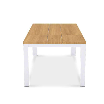 Planka Alu-Frontausziehtisch 310 Set bestehend aus Planka Alu-Frontausziehtisch 310/210 x 100 Teak Grade A gebürstet mit Aluminiumgestell und Gazelig Stapelstühlen aus Aluminium und Batyline