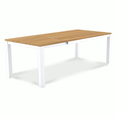Planka Alu-Frontausziehtisch 310 Set bestehend aus Planka Alu-Frontausziehtisch 310/210 x 100 Teak Grade A gebürstet mit Aluminiumgestell und Gazelig Stapelstühlen aus Aluminium und Batyline
