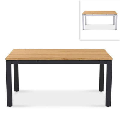 Planka Alu-Esstisch Set 160 bestehend aus Planka Alu-Esstisch 160x100 pulverbeschichtet Teak Grade A gebürstet mit Aluminiumgestell und Gazelig Stapelstühlen aus Aluminium und Batyline